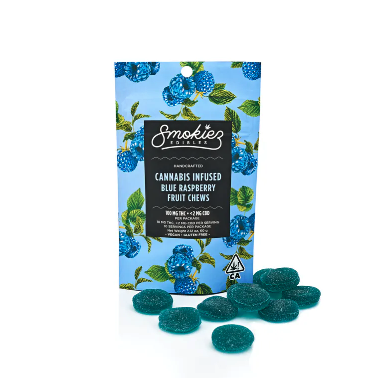 Smokiez Edibles Hybrid Blue Raspberry Fruit Chews 100mg The Kind Center 0366