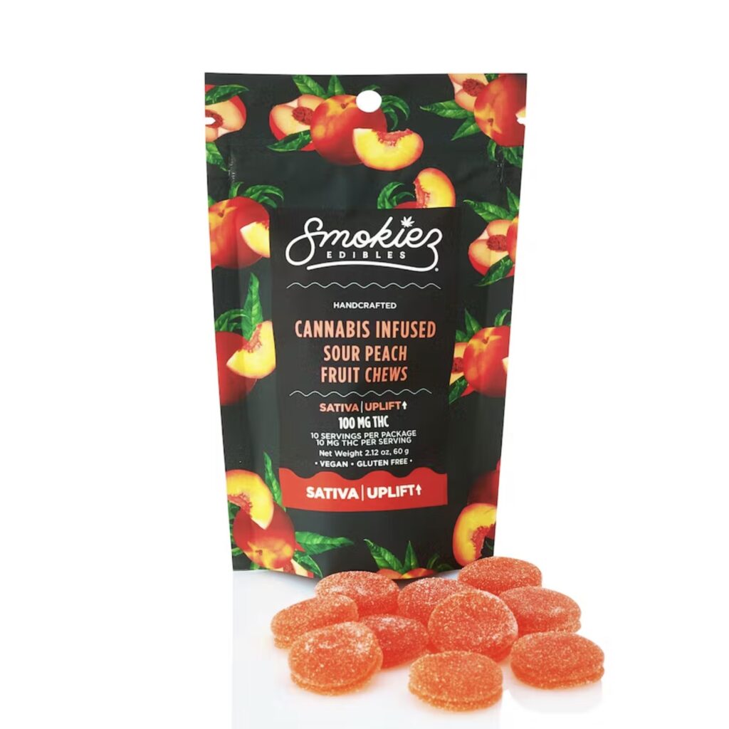 Smokiez Edibles - Sativa Sour Peach Fruit Chews 100MG - The Kind Center